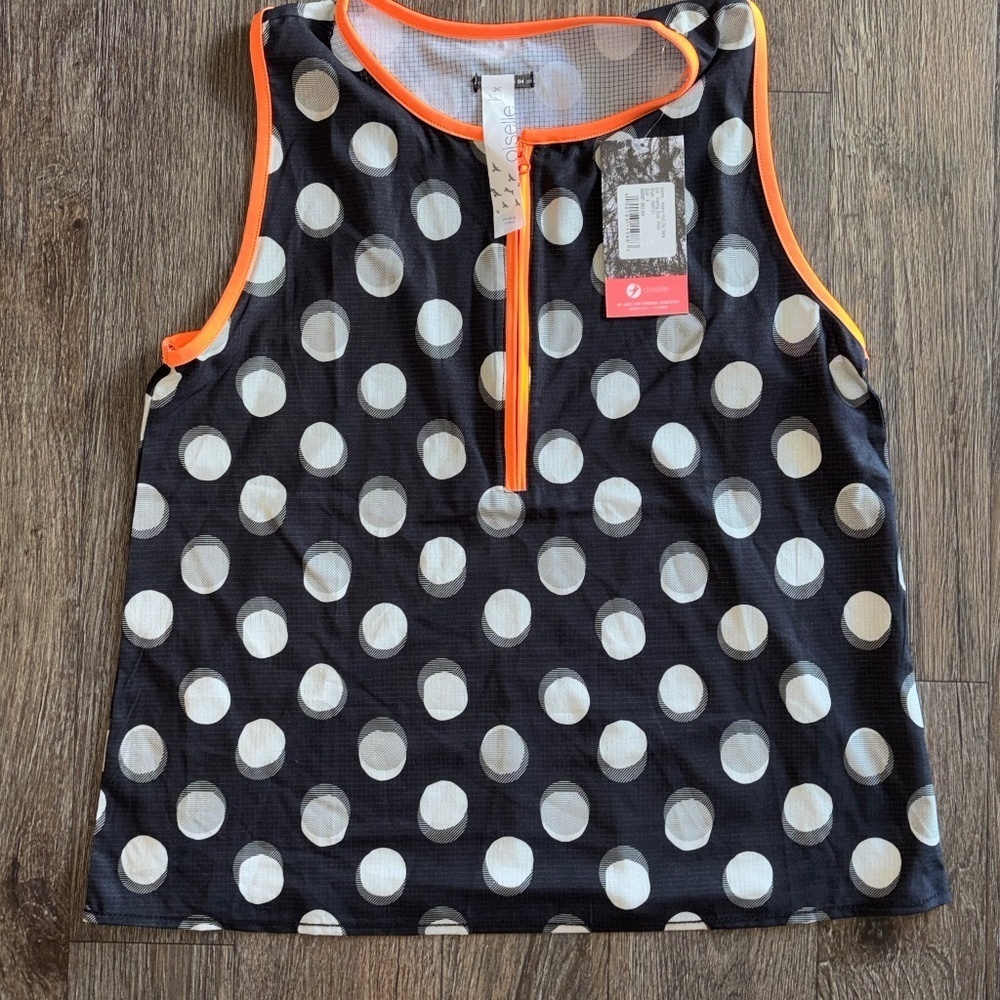 Oiselle Black and White Polka Dot Tank Top with Orange Trim